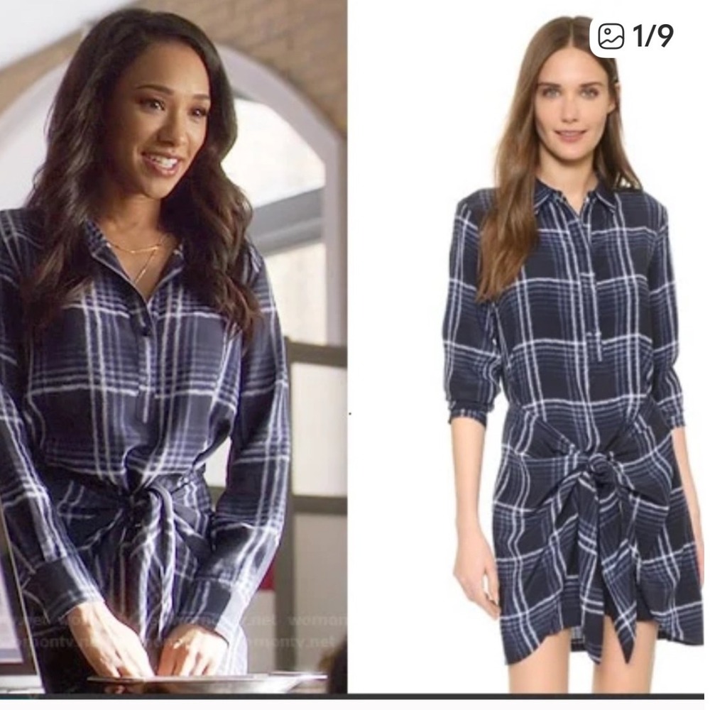 Club Monaco Dress Size 4 Blue Plaid‎ Long Sleeve Shirt Tie Waist Silk Blend